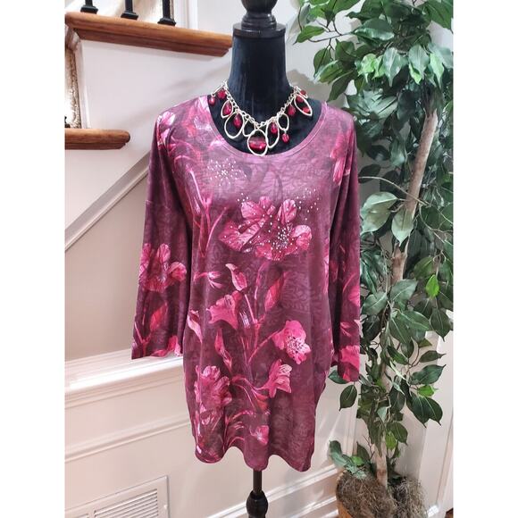 Time & Tru Women's Floral Polyester Round Neck Long Sleeve Casual Top Shirt 3XL - Picture 1 of 12
